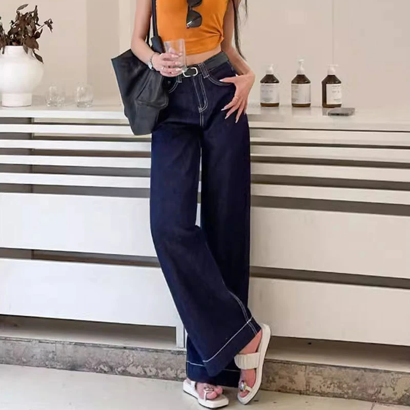 韩版设计皮牌高腰宽松拖地阔腿牛仔裤女小众垂感丹宁蓝直筒长裤子