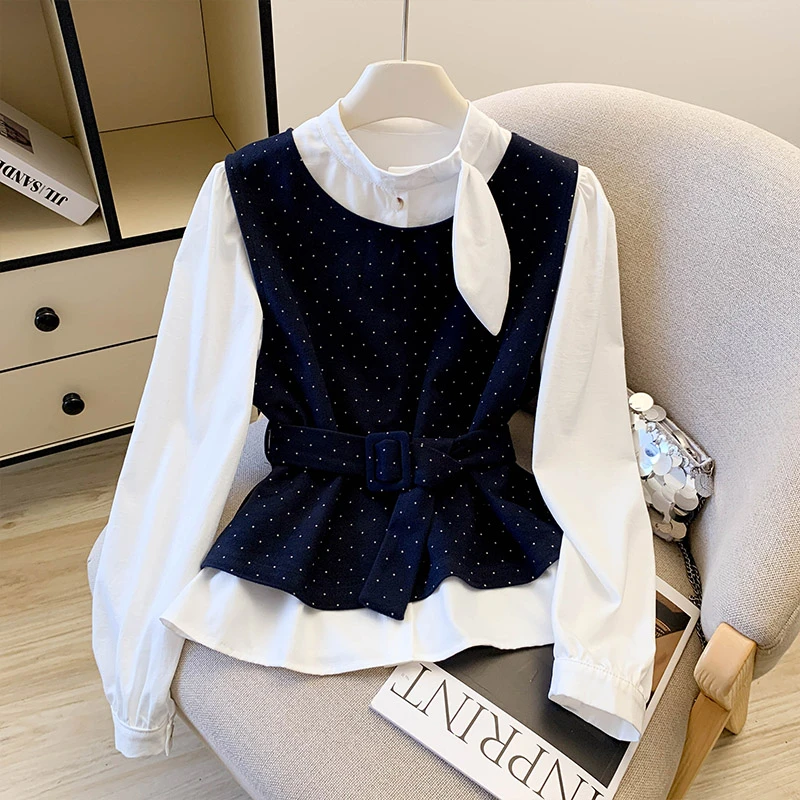 法式复古波点圆领毛呢马甲女款2025秋冬季叠穿外搭系带衬衫两件套