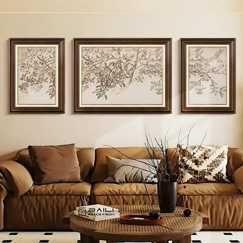 美式客厅简约平安果三联画原木风沙发背景墙挂画法式中古砂岩画
