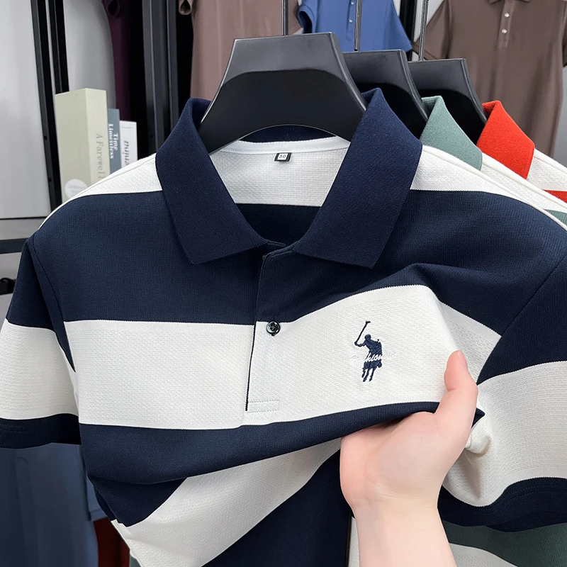 [高弹棉】时尚刺绣夏季短袖条纹翻领POLO衫男士商务大码T恤