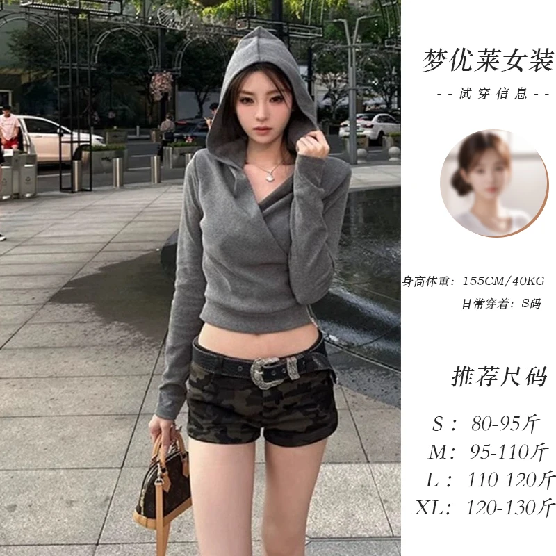 梦优莱美式复古交叉v领连帽长袖T恤女装春季修身显瘦短款运动卫衣