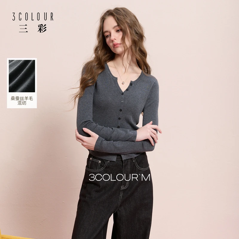 三彩2025冬季新款修身针织衫圆领毛衫开叉捏褶显瘦M