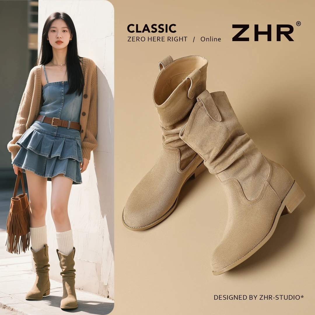 堆堆靴女2025秋冬新款小个子增高复古西部靴美拉德褶皱中筒短靴子