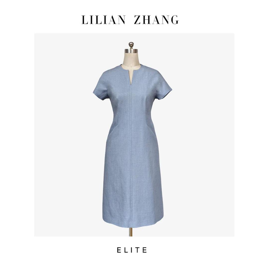 定制—复古风尚—法式风—天空蓝气质A摆小V领短袖修身连衣裙2501011