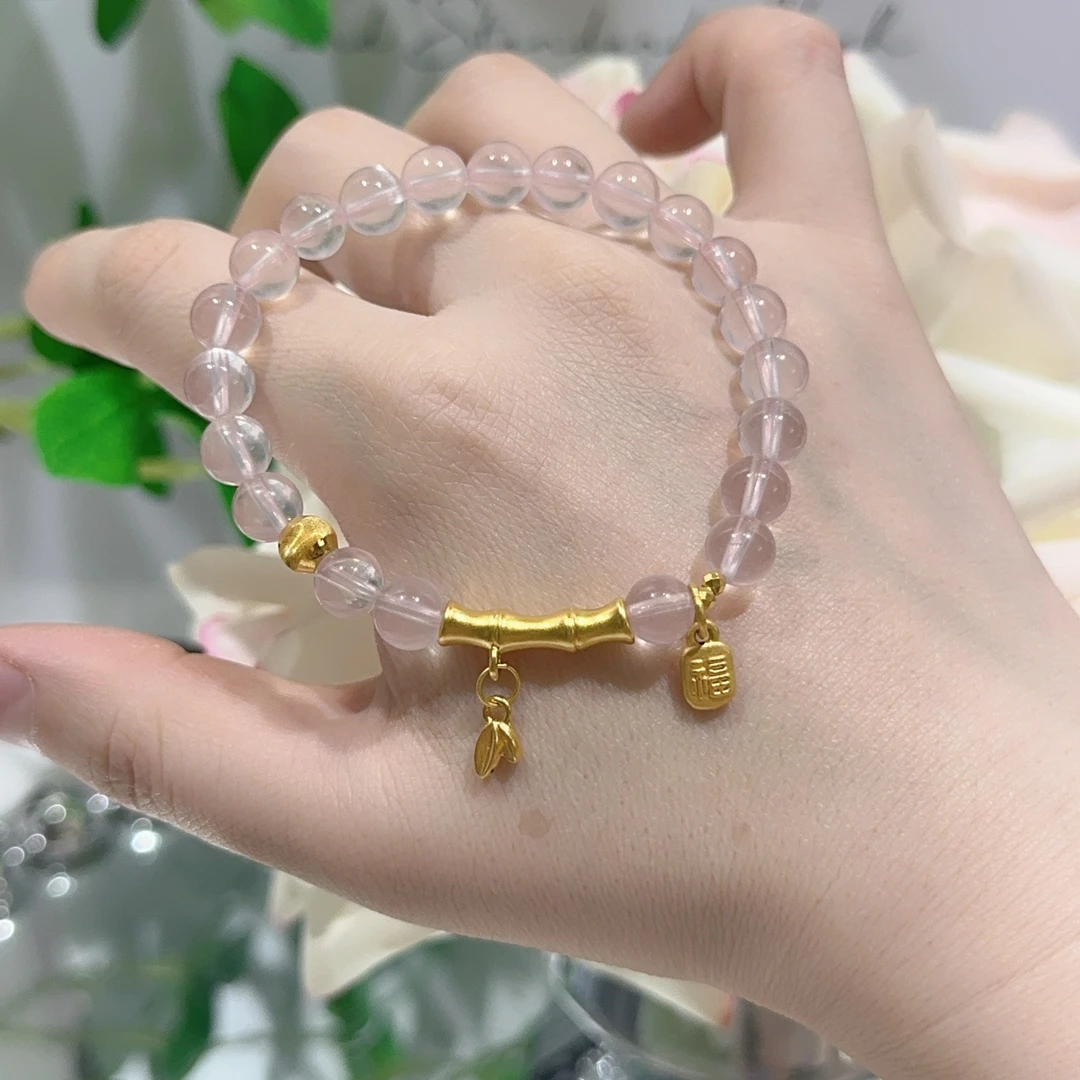 天然粉水晶真金足金999竹节猫眼搭配福字牌适合送女友的精美首饰