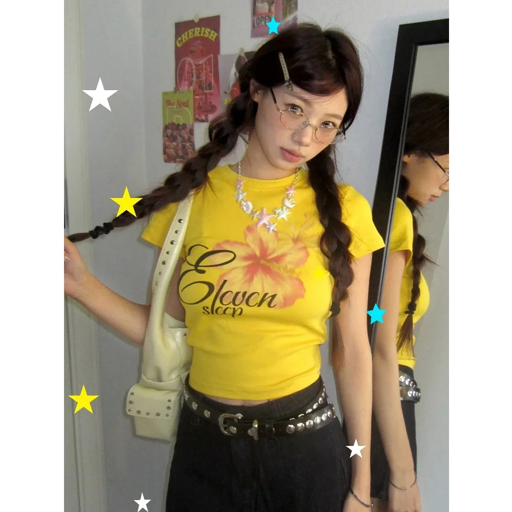 美式复古度假风字母花卉印花短袖T恤女夏季圆领修身显瘦百搭上衣