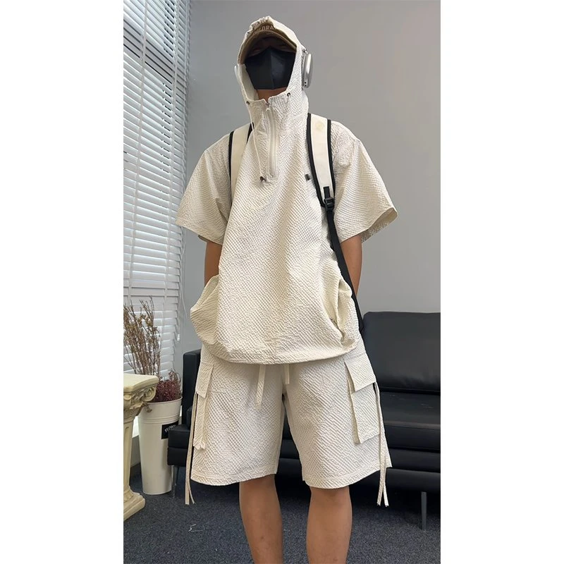 白色泡泡纱短袖短裤套装男夏季小众高级感冰丝连帽T恤工装五分裤t