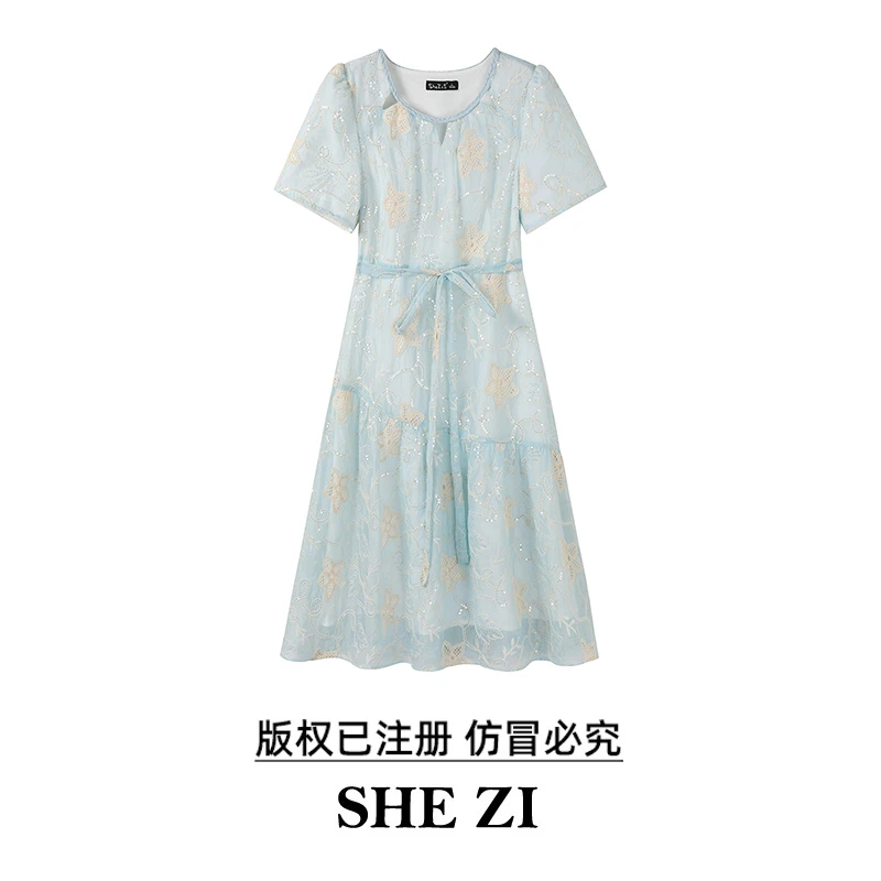 奢姿【蓝绸绾云】大码女装显瘦时尚减龄蝴蝶结绑带镂空小香风连衣裙
