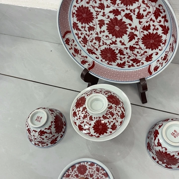 瓷片釉里红缠枝莲5件套景德镇