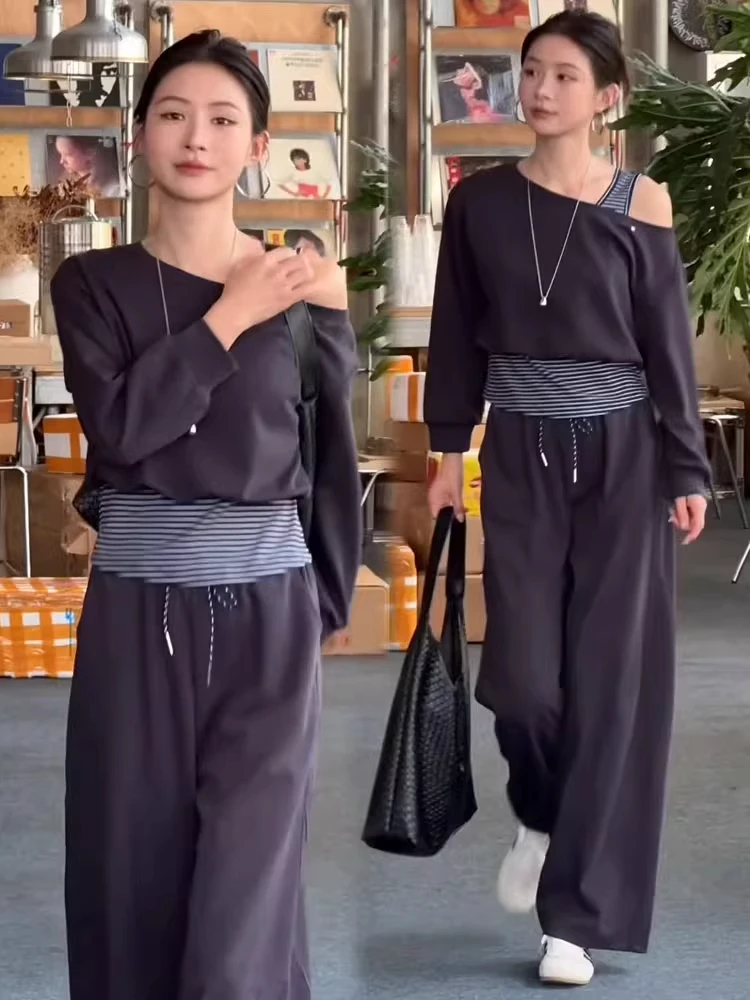 时尚休闲套装女2025秋季新款露肩条纹拼接假两件上衣阔腿裤两件套