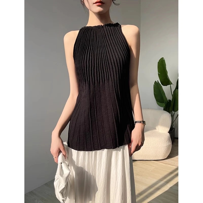 黑色挂脖吊带背心女内搭夏季针织百搭褶皱遮副乳无袖外穿打底上衣