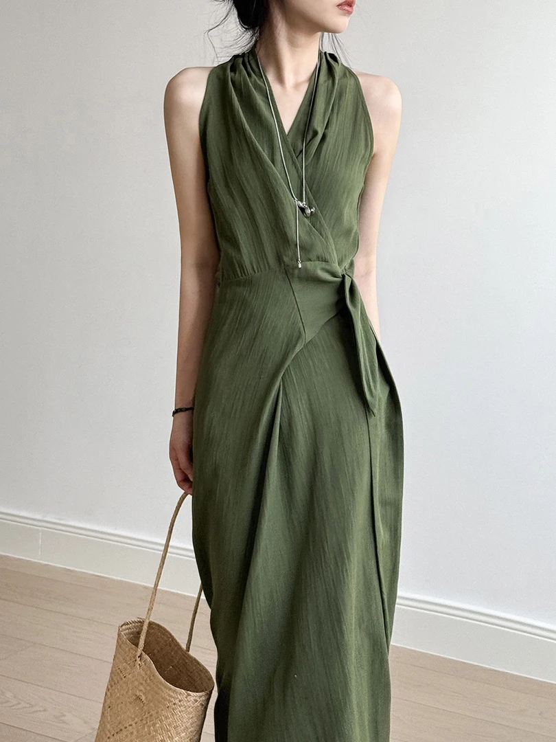 复古v领无袖挂脖收腰绑带显瘦长裙