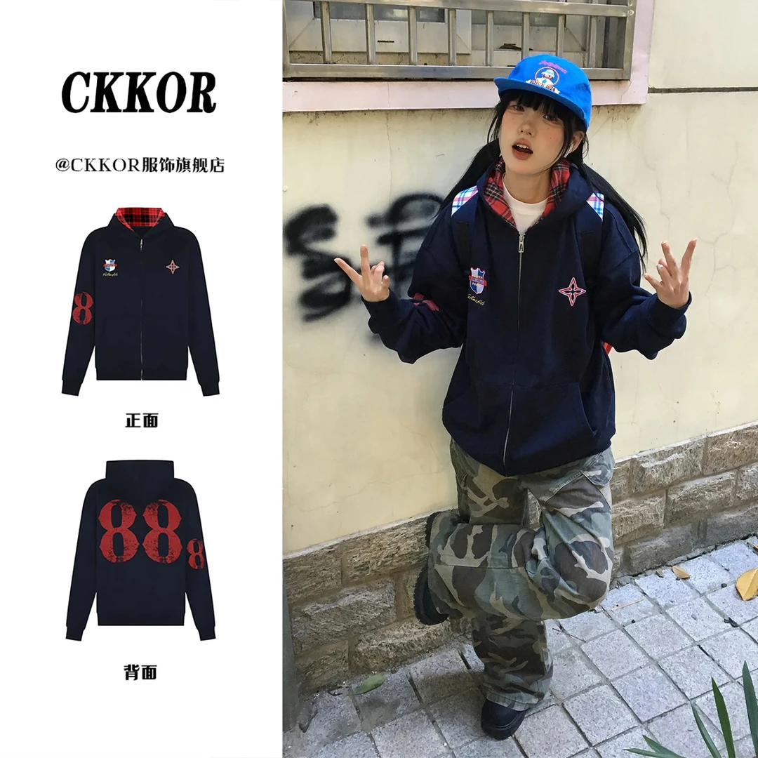 CKKOR秋冬加厚格子慵懒风拉链外套男女美式休闲潮流卫衣连帽上衣