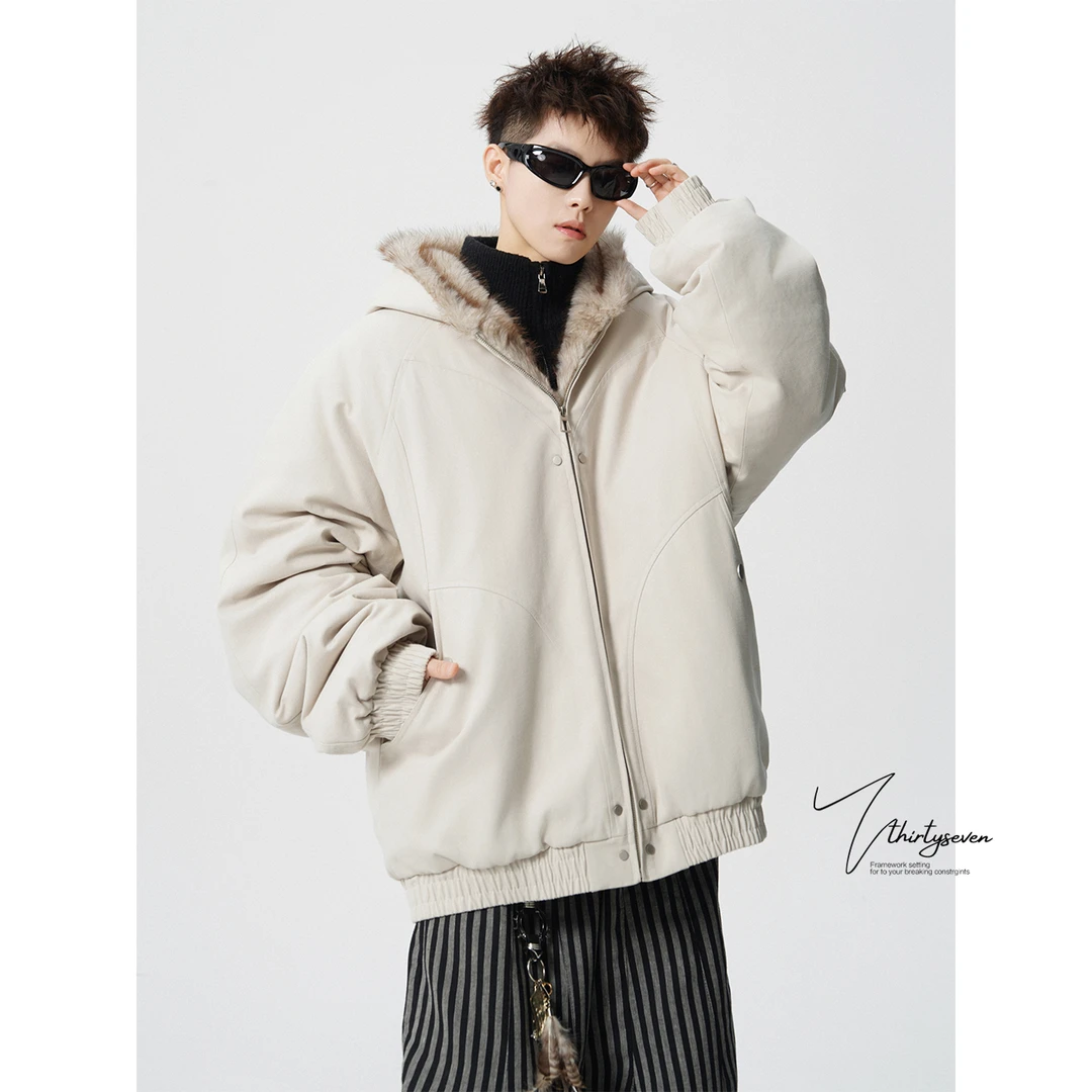 V37美式高街毛领棉服男秋冬宽松痞帅派克服休闲慵懒棉衣工装外套