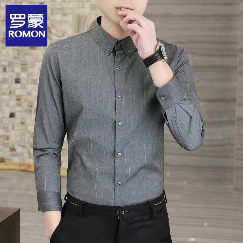 罗蒙春秋季男士爆款衬衣高品质微弹抗皱时尚轻商务流星雨条纹衬衫