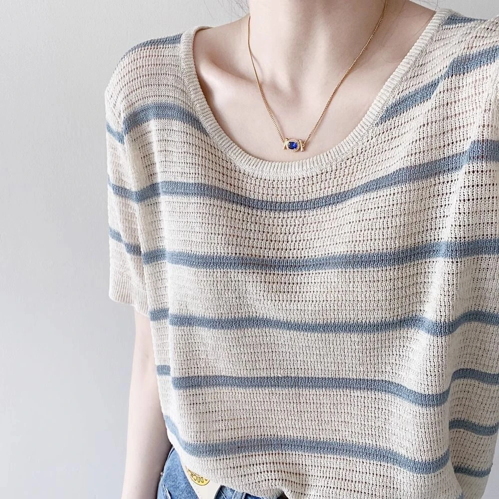 大码女装胖mm欧货夏季条纹冰丝短袖t恤女上衣薄款时尚百搭针织衫