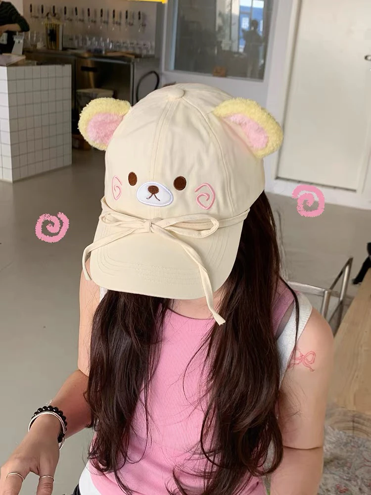 可爱卡通小熊耳朵蝴蝶结棒球帽女百搭显脸小大头围遮阳鸭舌帽子潮