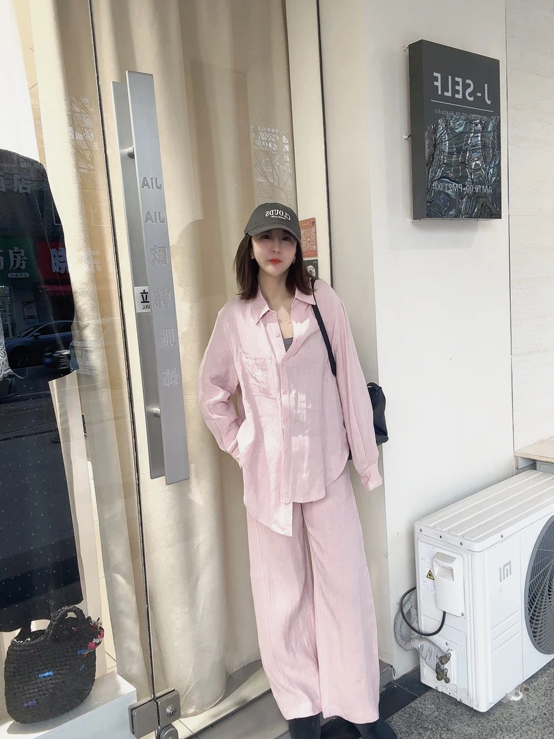粉色汉麻衬衣休闲套装
