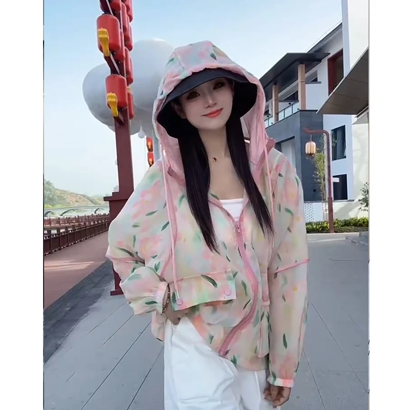 【小静jing】夏季新款宽松洋气薄款连帽碎花防晒女时尚小众25800-27