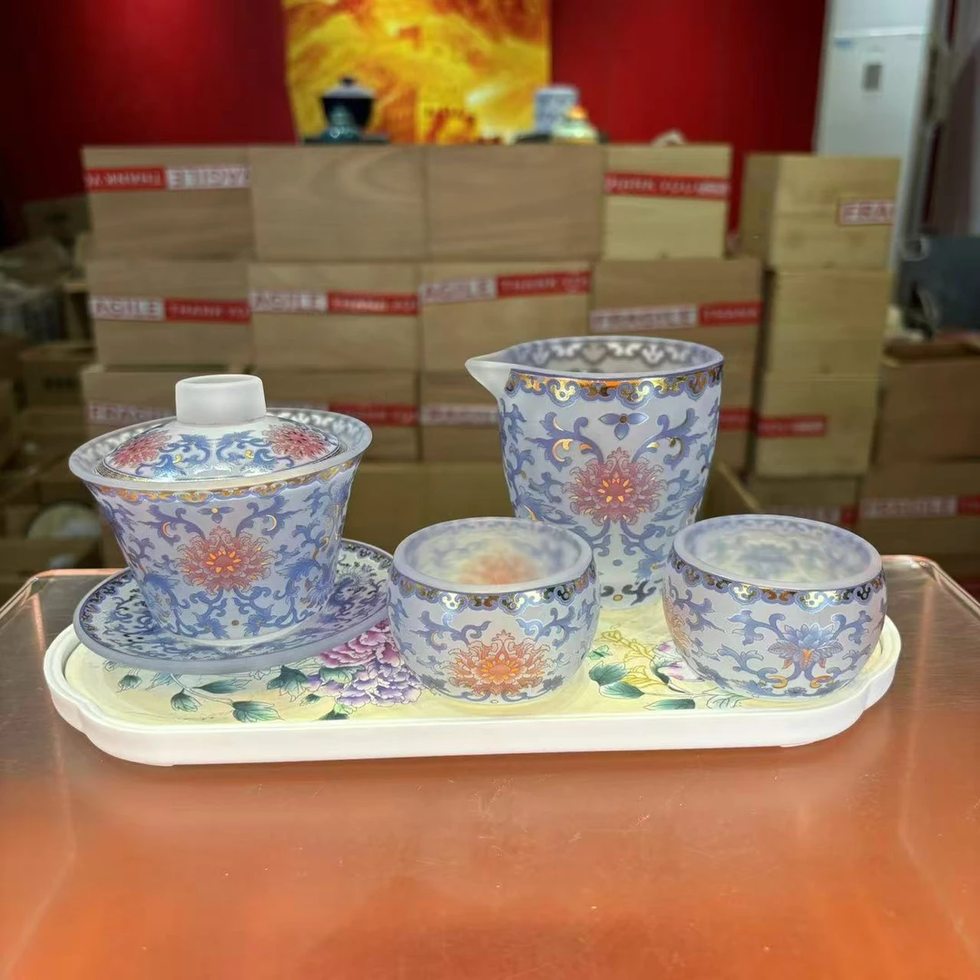 秋香 冰冻烧缠枝莲琉璃三才盖碗+两杯+公道杯防烫泡茶盖碗6328