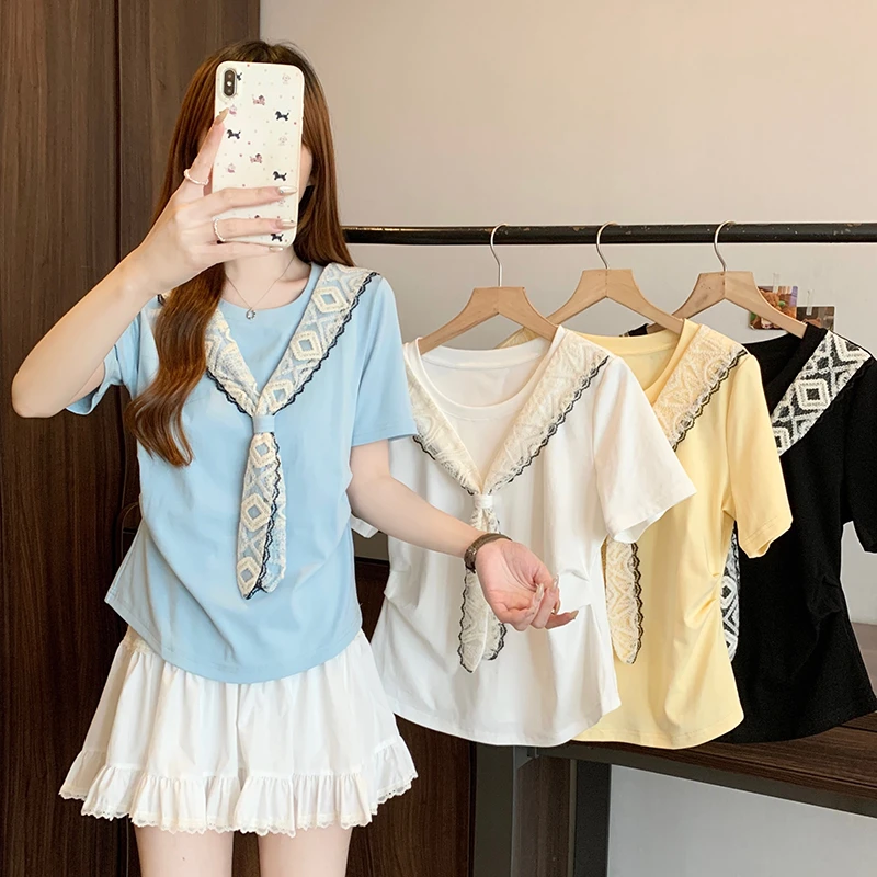 2025夏装新款大码女时尚减龄蕾丝披肩正肩短袖T恤35596