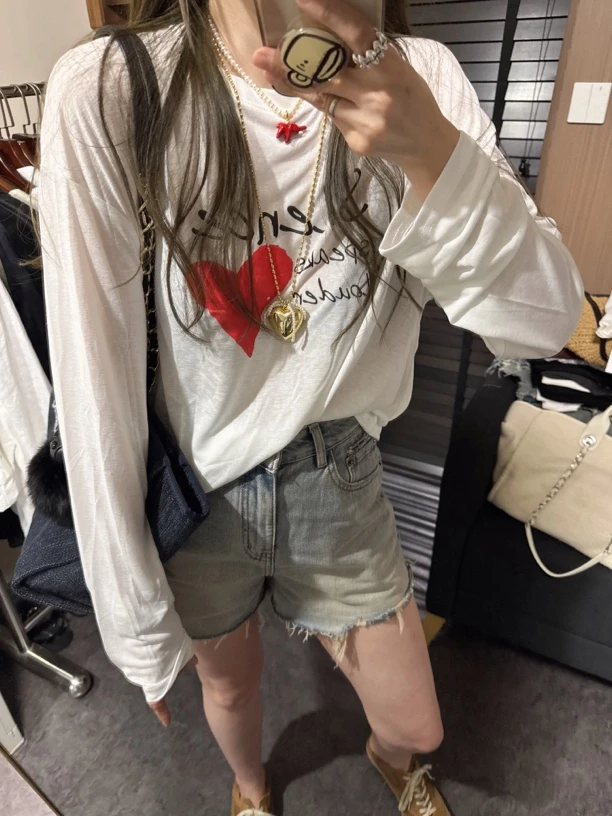 【思含】夏季薄款宽松字母红心印花长袖T