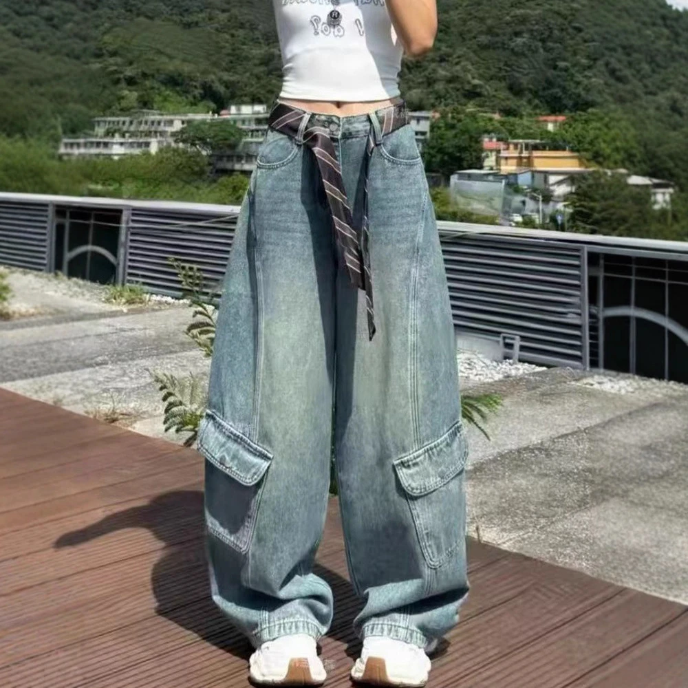 大码复古工装牛仔裤女春秋胖mm梨形身材宽松高腰显瘦修身直筒阔腿