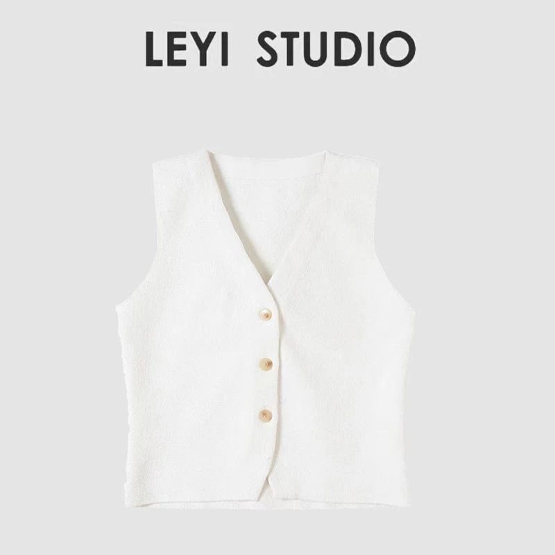 LEYI 极简CO*S标准版V领单排扣针织背心纯色无袖马甲上衣-513001