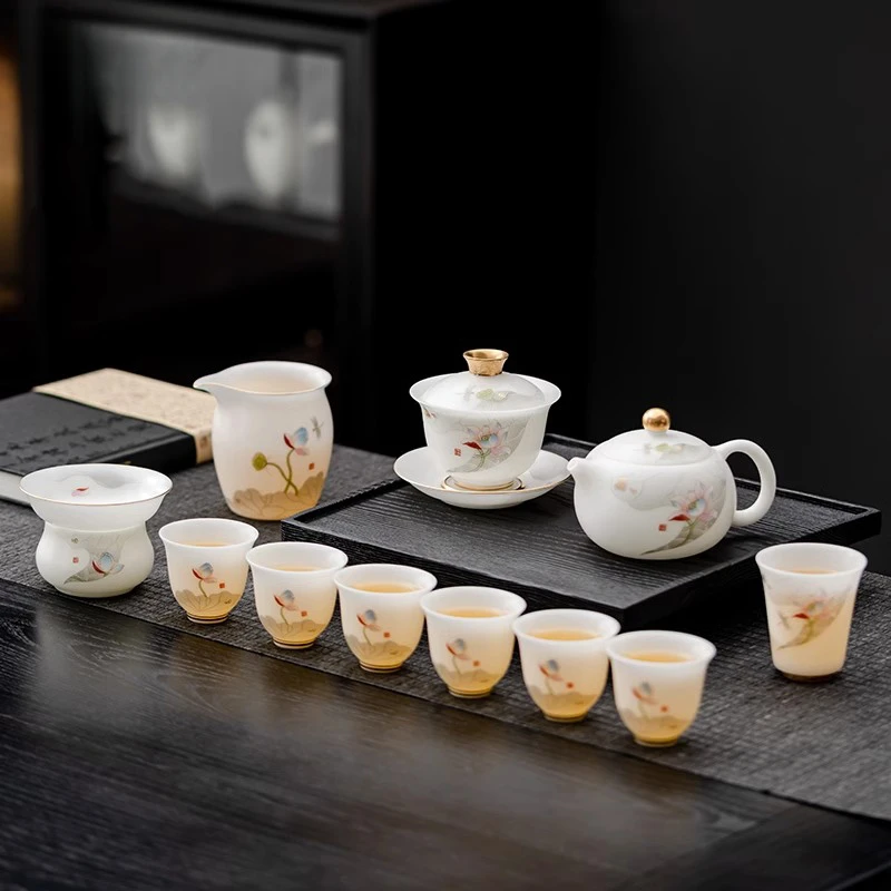 冰种羊脂玉瓷功夫茶具套装高端家用办公高档轻奢盖碗茶杯礼盒送礼