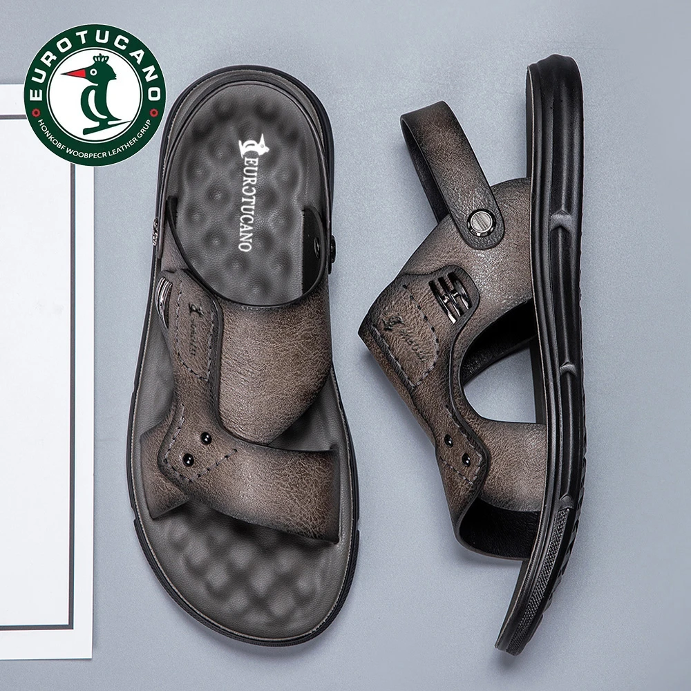 夏季新款男士真皮沙滩鞋休闲防滑凉鞋厚底凉拖鞋外穿两用潮流潮款