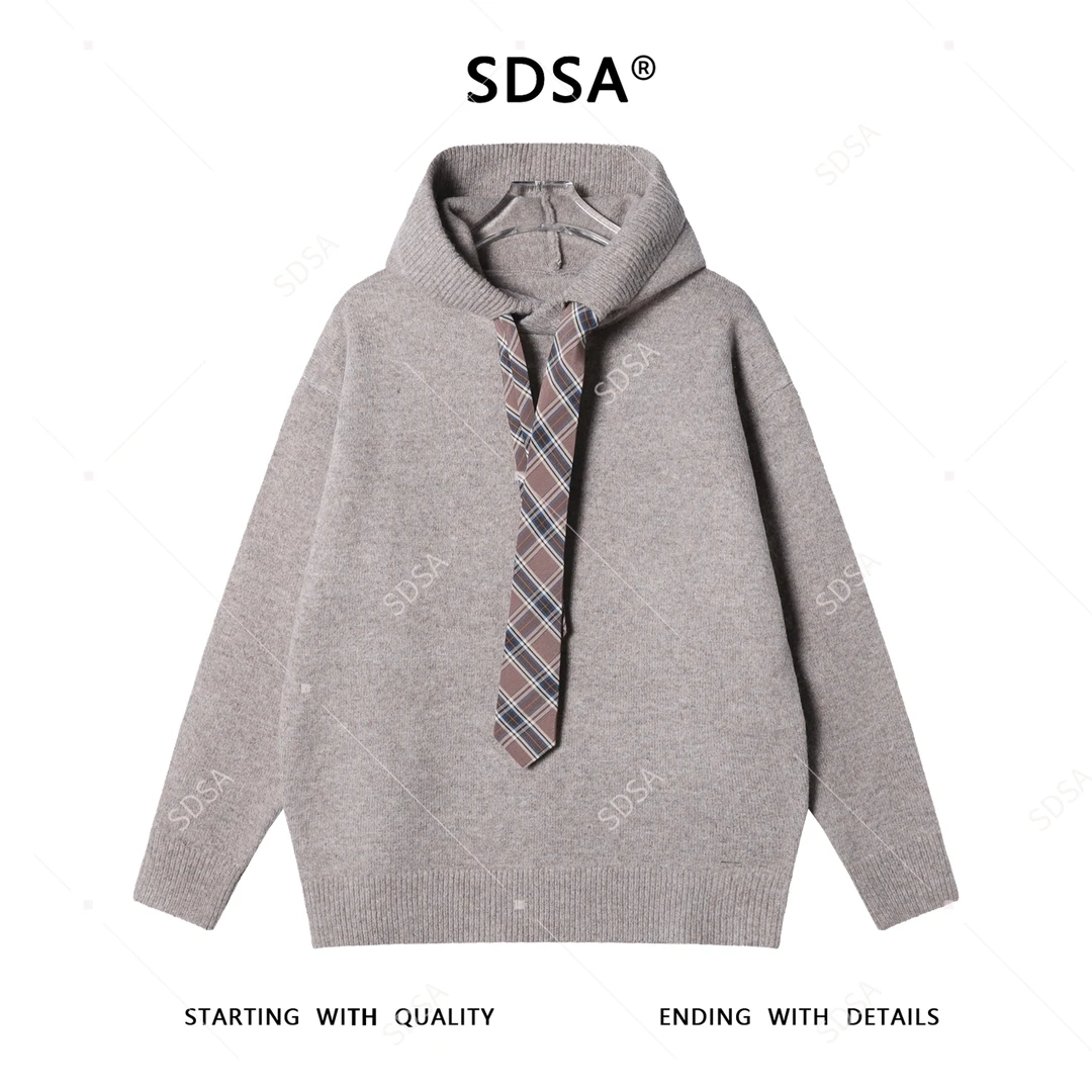 SDSA男士秋冬新款痞帅男装韩版纯色领带连帽套头毛衣百搭针织衫