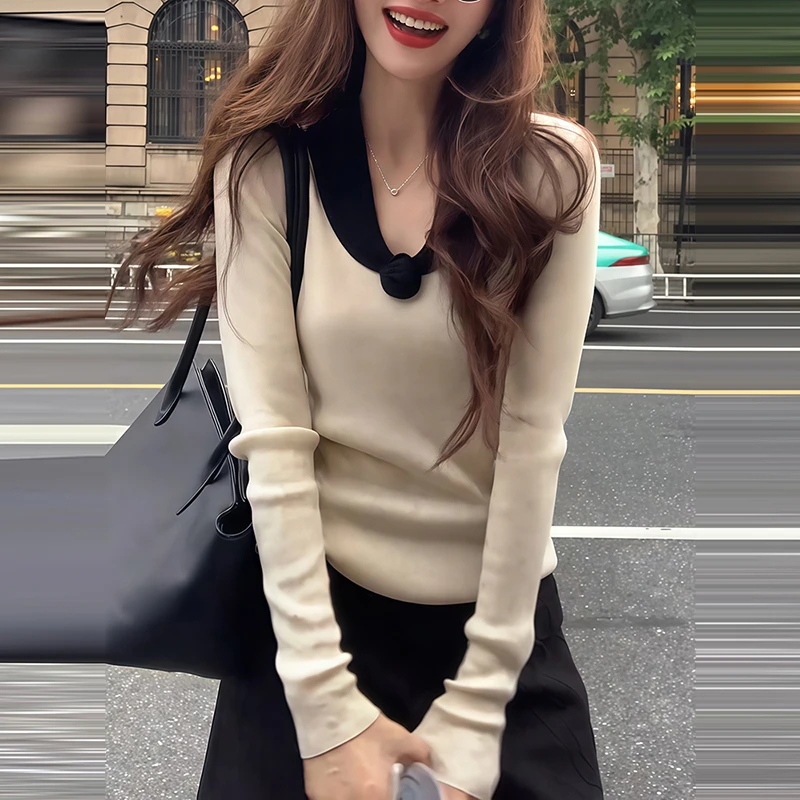 立体花朵设计感假两件v领长袖针织衫女装秋季新款上衣内搭打底衫