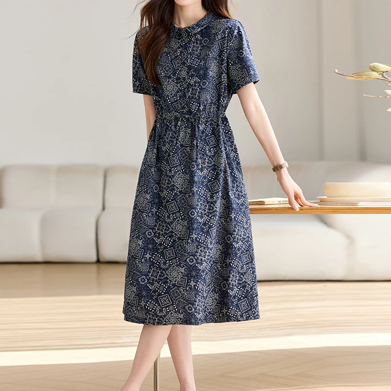 复古国风收腰显瘦印花连衣裙女夏季中年妈妈新款翻领A字裙潮