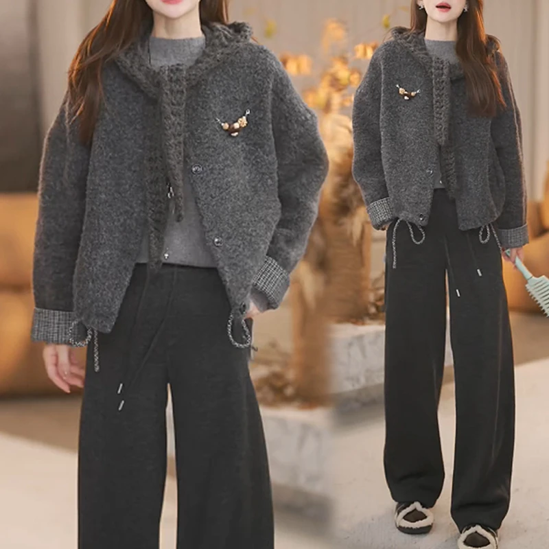 显瘦时尚通勤套装女士2025秋冬新款毛绒连帽外套高腰阔腿裤两件套