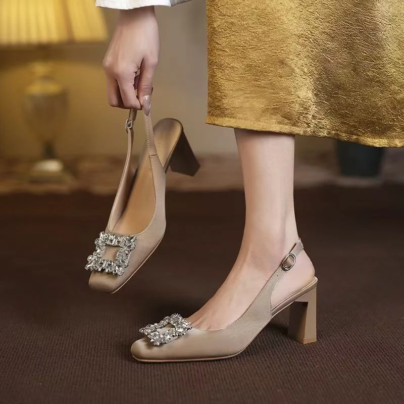 包头凉鞋女2025年夏季新款中跟粗跟仙女风单鞋方头罗马淑女高跟鞋