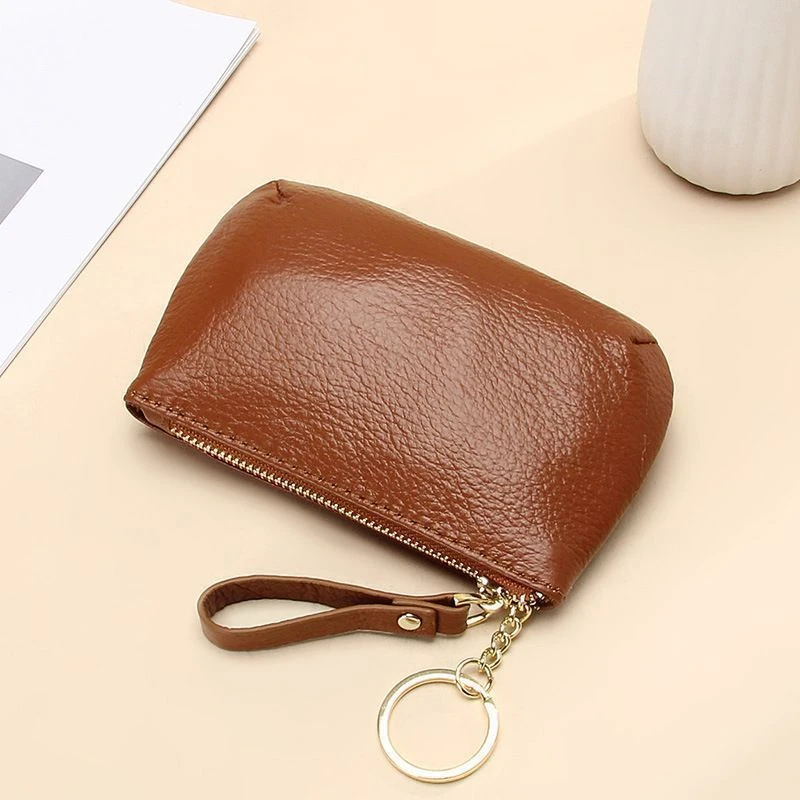 新款拉链小钱包简约便携式钥匙扣硬币包零钱袋自然摔真软皮零钱包