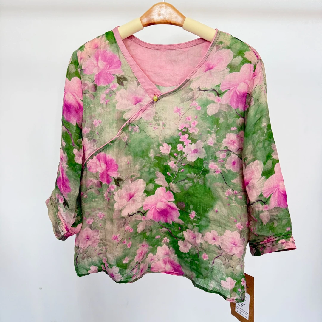 苎麻V领斜襟中袖小衫（4色）