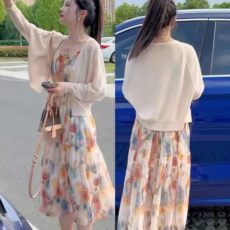 巨好看夏装一整套女2025新款蝙蝠袖冰丝针织开衫披肩吊带裙两件套