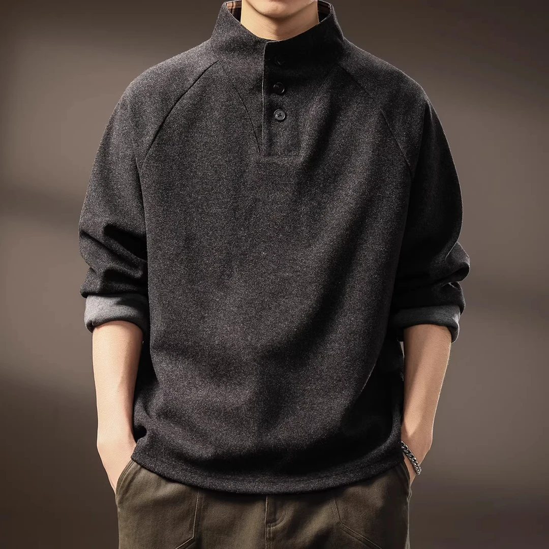 绒面质感拼接立领Polo衫男秋季新款410g重磅毛呢长袖t恤打底卫衣