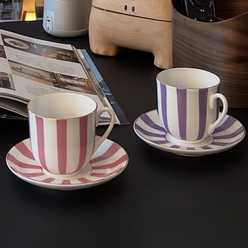 【LOMONOSOV俄皇】欧式家用简约竖条纹系列 网红情侣骨瓷茶杯杯碟