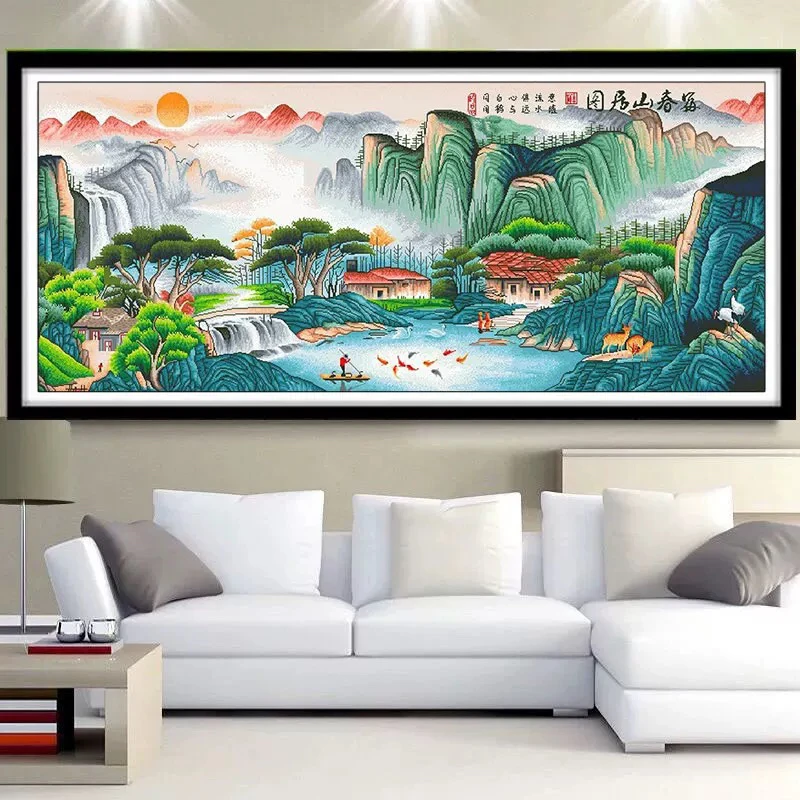 纯手工绣好的十字绣成品不带裱框富春山居图江山如画客厅中式挂画