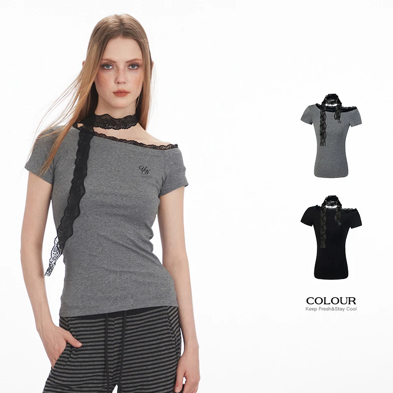 蕾丝围巾斜领修身短袖T恤女士内搭打底衫2025春夏季新款女装上衣