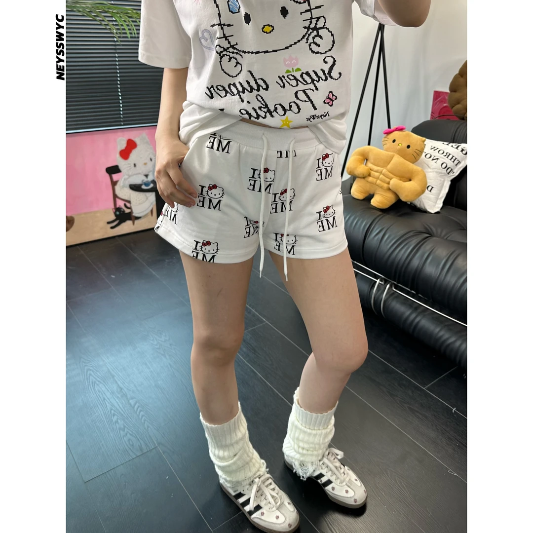 NEYSSWYC 满印白色休闲运动辣妹热裤夏短裤外穿印花百搭小众可爱