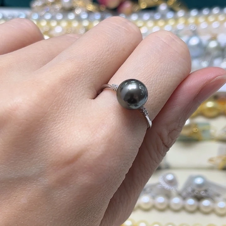 银S925镶嵌海水珍珠戒圈大溪地9-10mm 59号