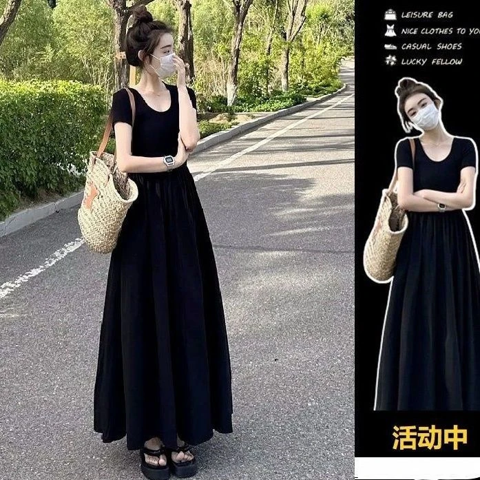 【Gelato夜吻】夏新款连衣裙法式赫本风黑色高级感U领收腰a字长裙女