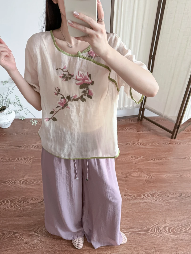 【娜娜】 新中式百搭宽松复古苎麻刺绣圆领夏季碎花短袖上衣2509-1