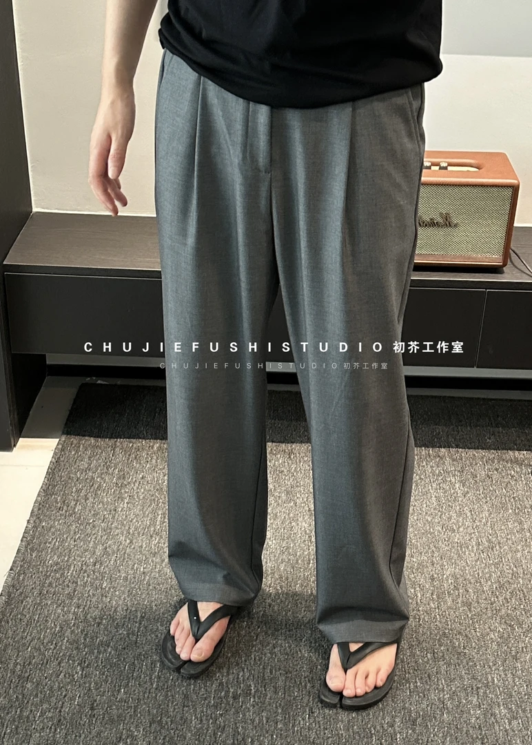 CHUJIE韩版半松紧腰醋酸宽松直筒垂感休闲西裤