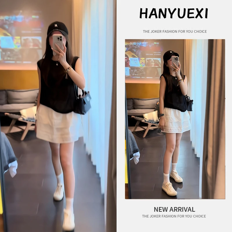 夏季一整套女装2025新款韩版遮肚显瘦时尚洋气无袖上衣短裙两件套