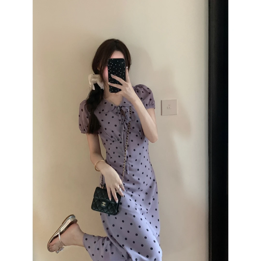 【梦湖之境】夏季娃娃领波点印花短袖连衣裙气质法式长裙0631