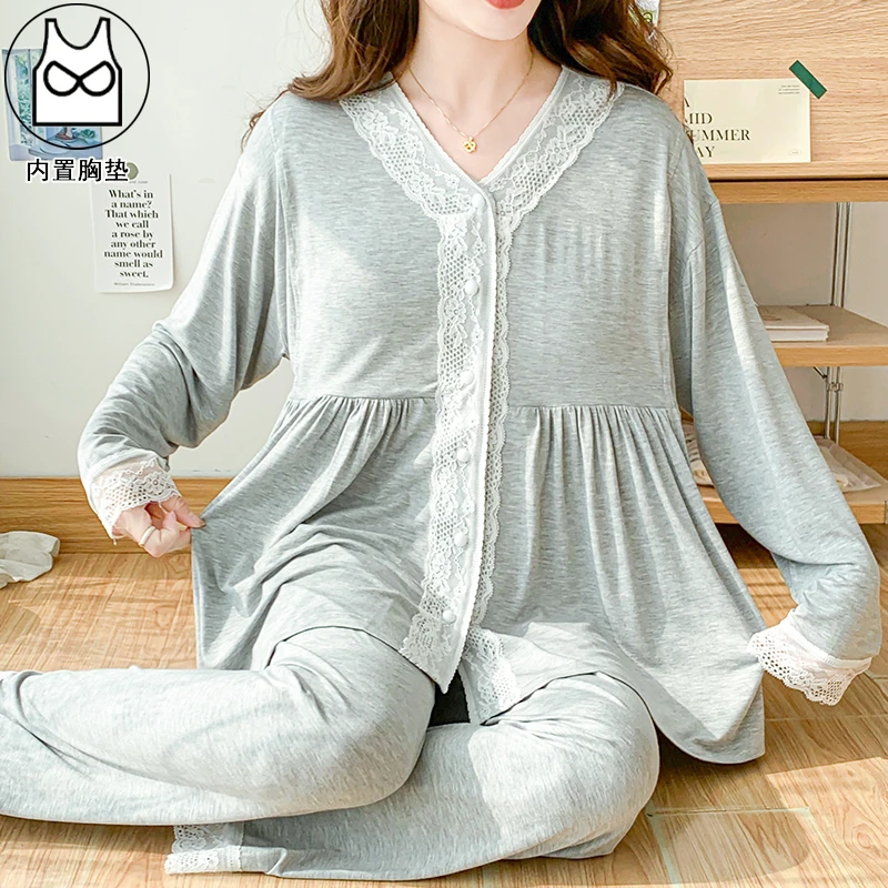 【莫代尔带胸垫】夏季薄款长袖宽松产前产后哺乳月子服家居服套装女